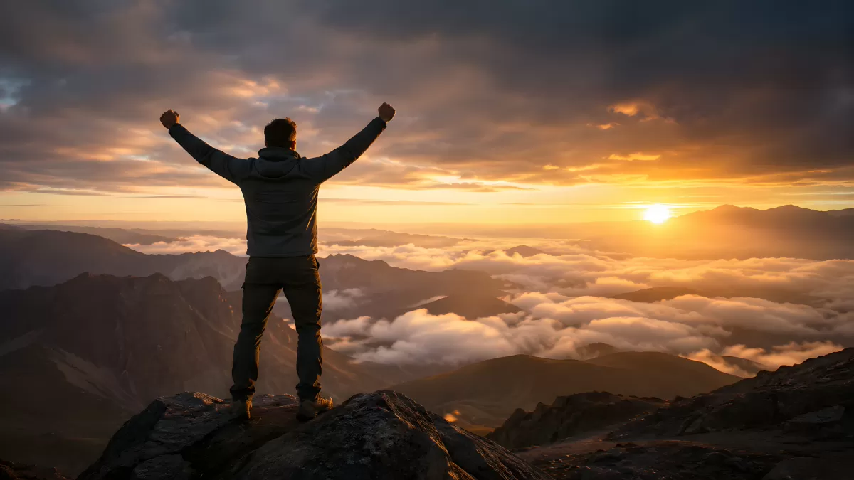 Wanderer auf Berggipfel hebt Arme beim Sonnenuntergang