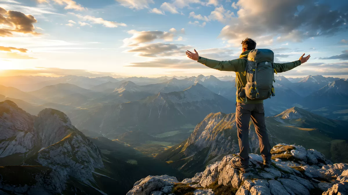Wanderer auf Berggipfel mit weitem Alpenpanorama