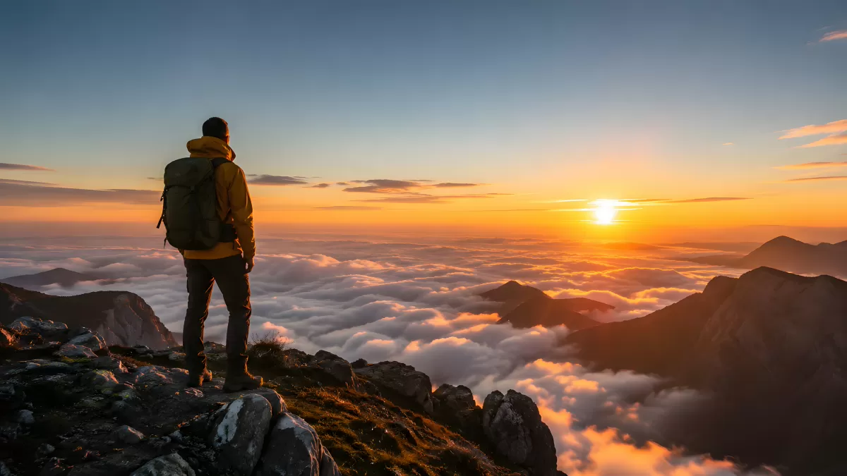 Wanderer auf Berggipfel über Wolkenmeer bei Sonnenuntergang