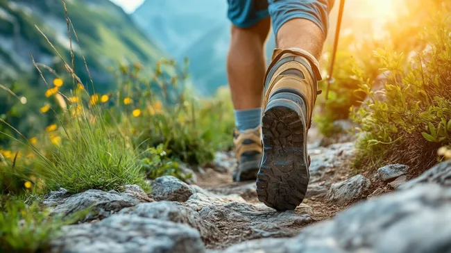 Wanderer auf Bergpfad im Sonnenlicht
