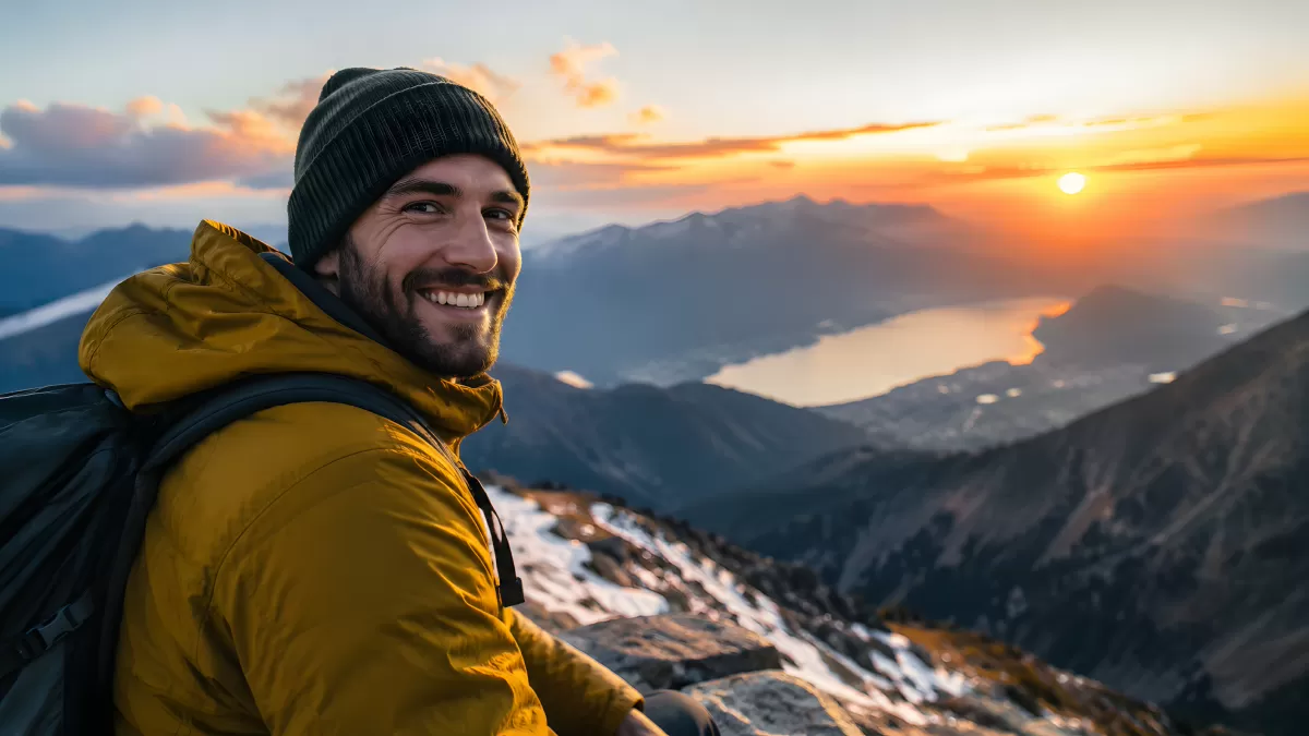 Wanderer auf Gipfel im farbigen Sonnenuntergang