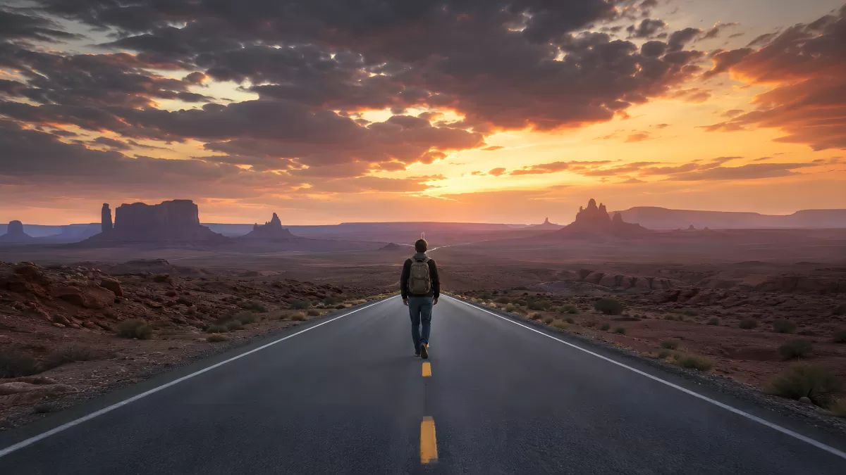 Wanderer auf Wüstenstraße beim Sonnenuntergang