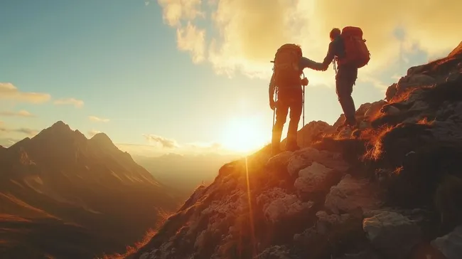 Wanderer bei Sonnenaufgang auf Bergpfad helfen sich gegenseitig