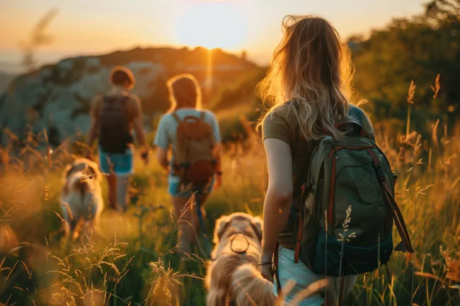 Wanderer bei Sonnenuntergang in bergiger Landschaft