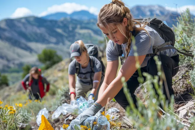 Wanderer beim Aufräumen der Natur