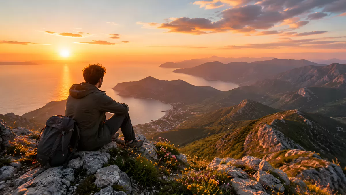 Wanderer betrachtet Sonnenuntergang über Küstenlandschaft