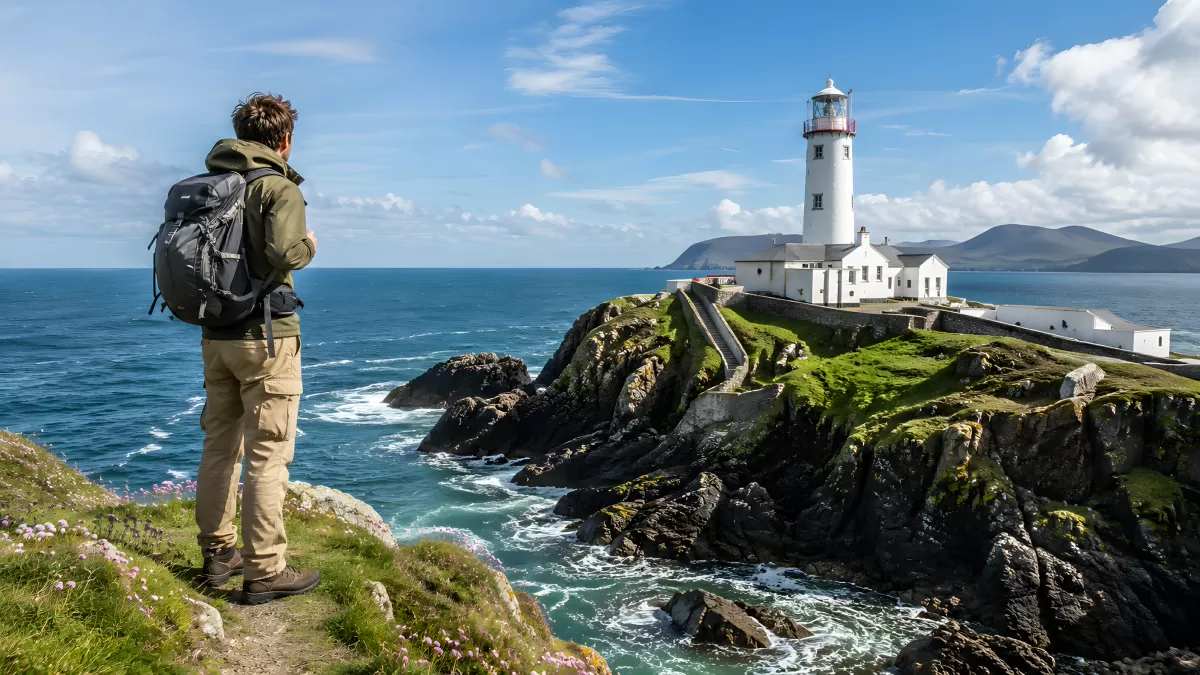Wanderer blickt auf Leuchtturm an felsiger Meeresküste