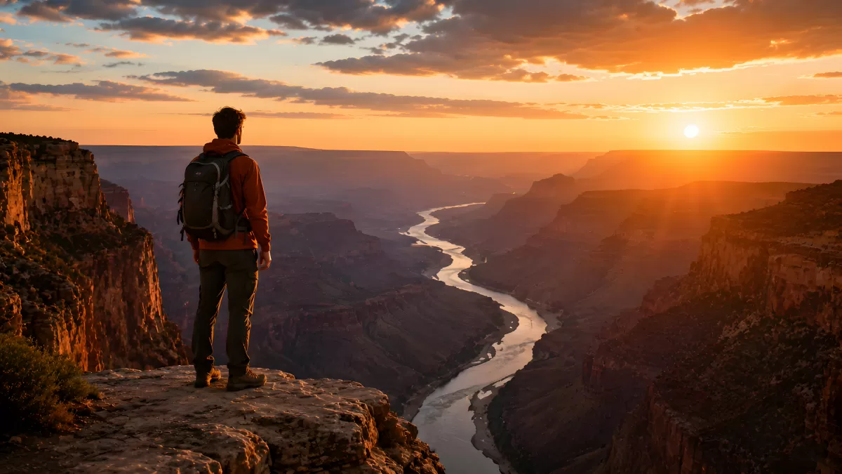Wanderer blickt bei Sonnenuntergang in einen Canyon