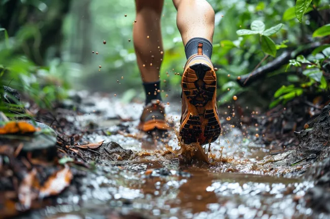 Wanderer durchquert schlammigen Waldweg