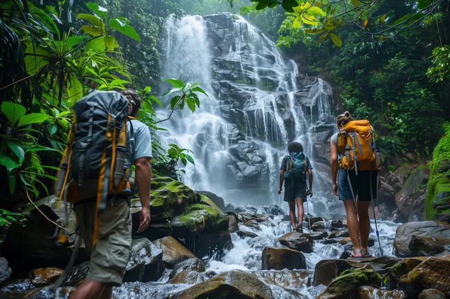 Wanderer entdecken Dschungel-Wasserfall