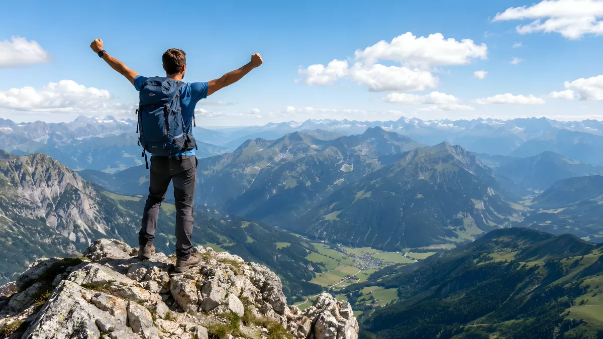 Wanderer feiert Gipfelerfolg mit Blick auf Alpenpanorama