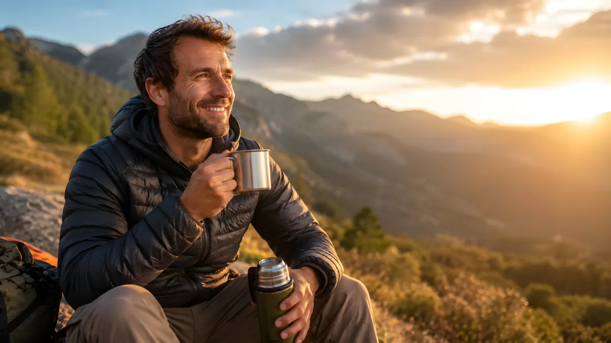 Wanderer genießt Kaffee beim Sonnenuntergang in den Bergen