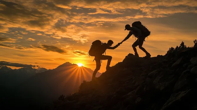 Wanderer helfen sich beim Bergaufstieg