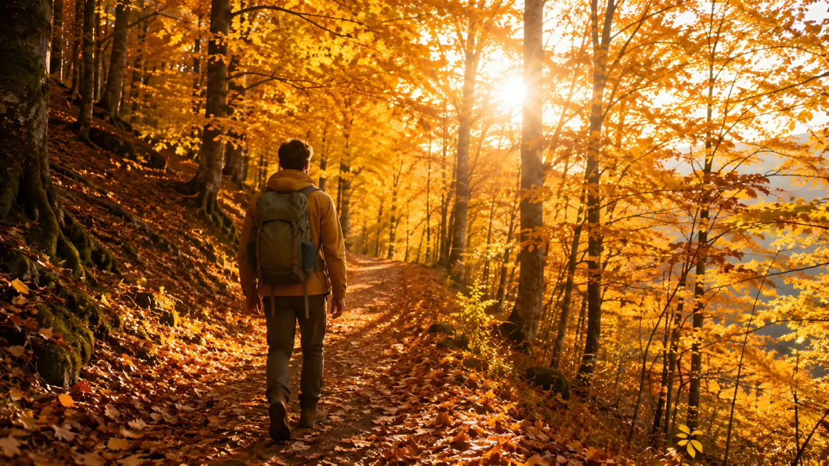 Wanderer im goldenen Herbstwald bei Sonnenlicht