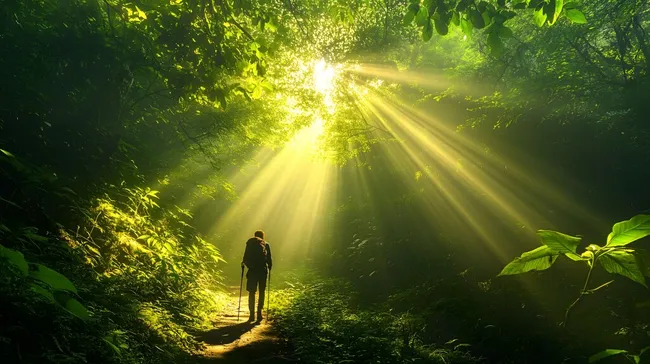 Wanderer im Lichtstrahl des Sonnenscheins im dichten Wald