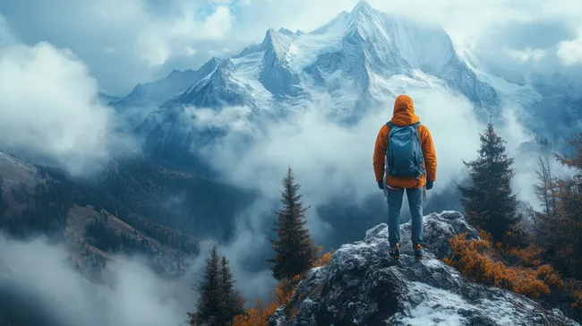 Wanderer im nebeligen Gebirge mit Blick auf Bergkette