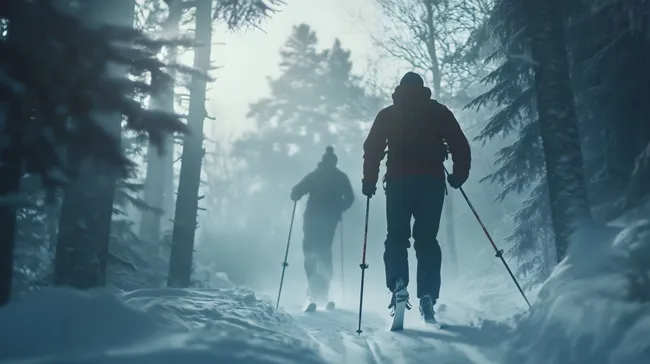 Wanderer im verschneiten Winterwald mit Skiausrüstung