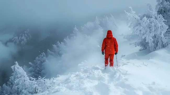 Wanderer in roter Jacke in winterlicher Berglandschaft