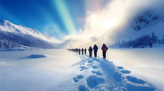 Wanderer in verschneiter Winterlandschaft unter Nordlichtern