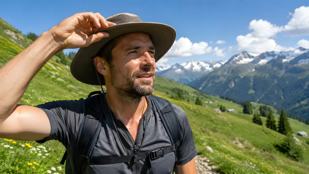 Wanderer mit Hut blickt in alpine Berglandschaft