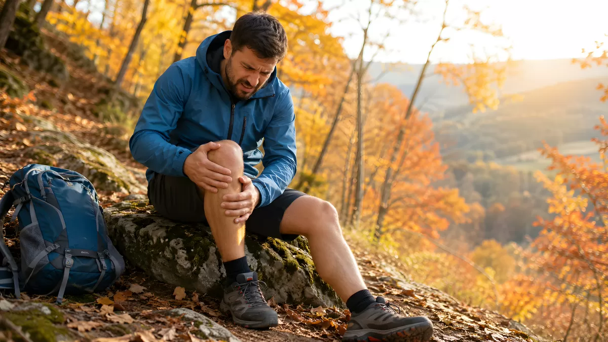 Wanderer mit Knieschmerzen rastet im Herbstwald