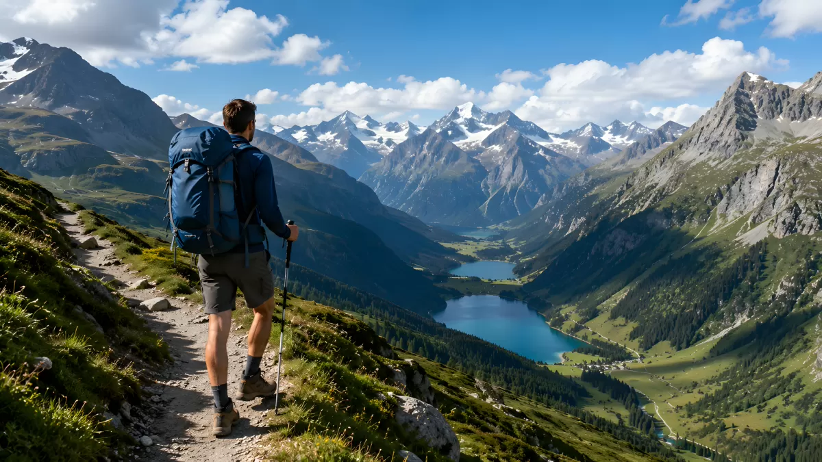 Wanderer mit Rucksack blickt auf Alpensee im Tal