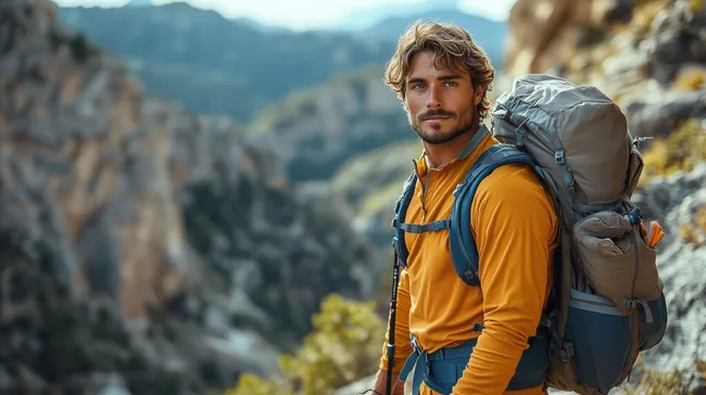 Wanderer mit Rucksack in malerischen Bergen