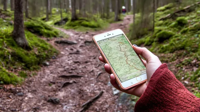 Wanderer mit Smartphone und digitaler Karte im Waldgebiet