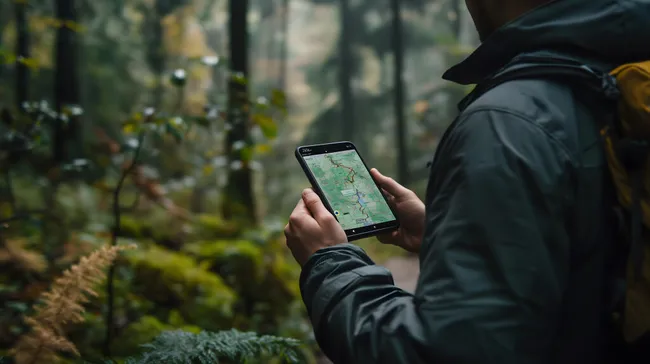Wanderer nutzt Smartphone-Karte im Wald
