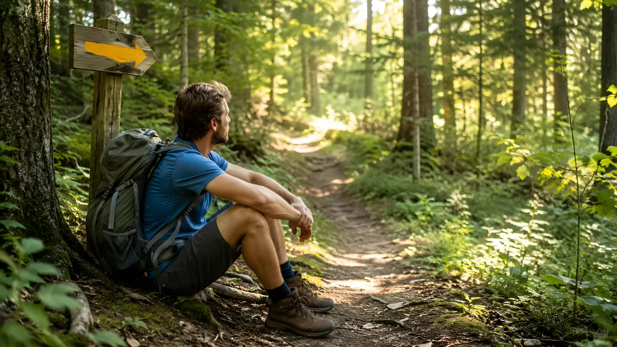 Wanderer rastet am Wegweiser im sommerlichen Wald