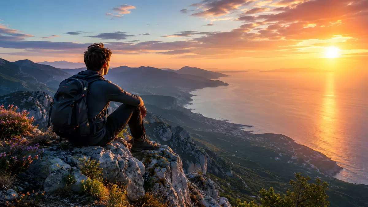 Wanderer sitzt auf Felsen und blickt auf Meeresküste