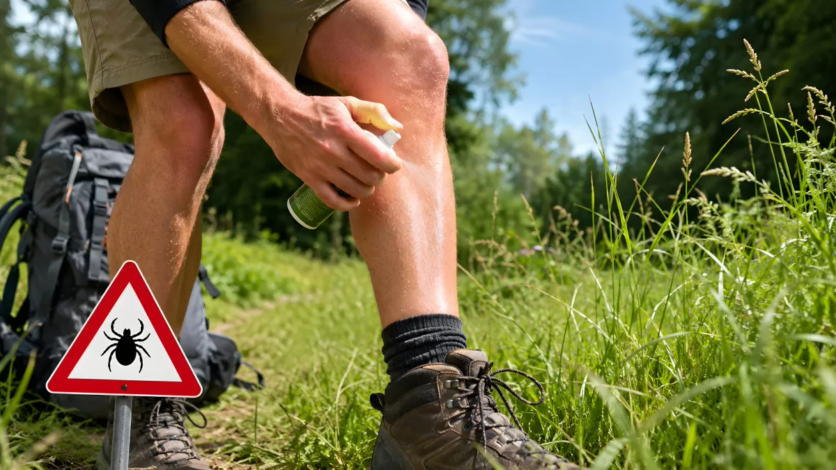 Wanderer sprüht Zeckenschutz auf Bein im Wald