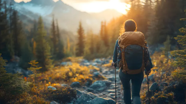 Wandererin mit Rucksack auf herbstlichem Bergpfad