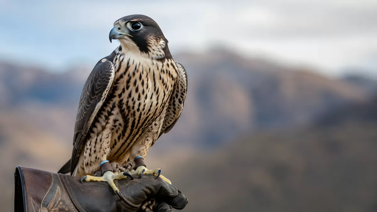 Wanderfalke auf Falknerei-Handschuh vor Bergpanorama