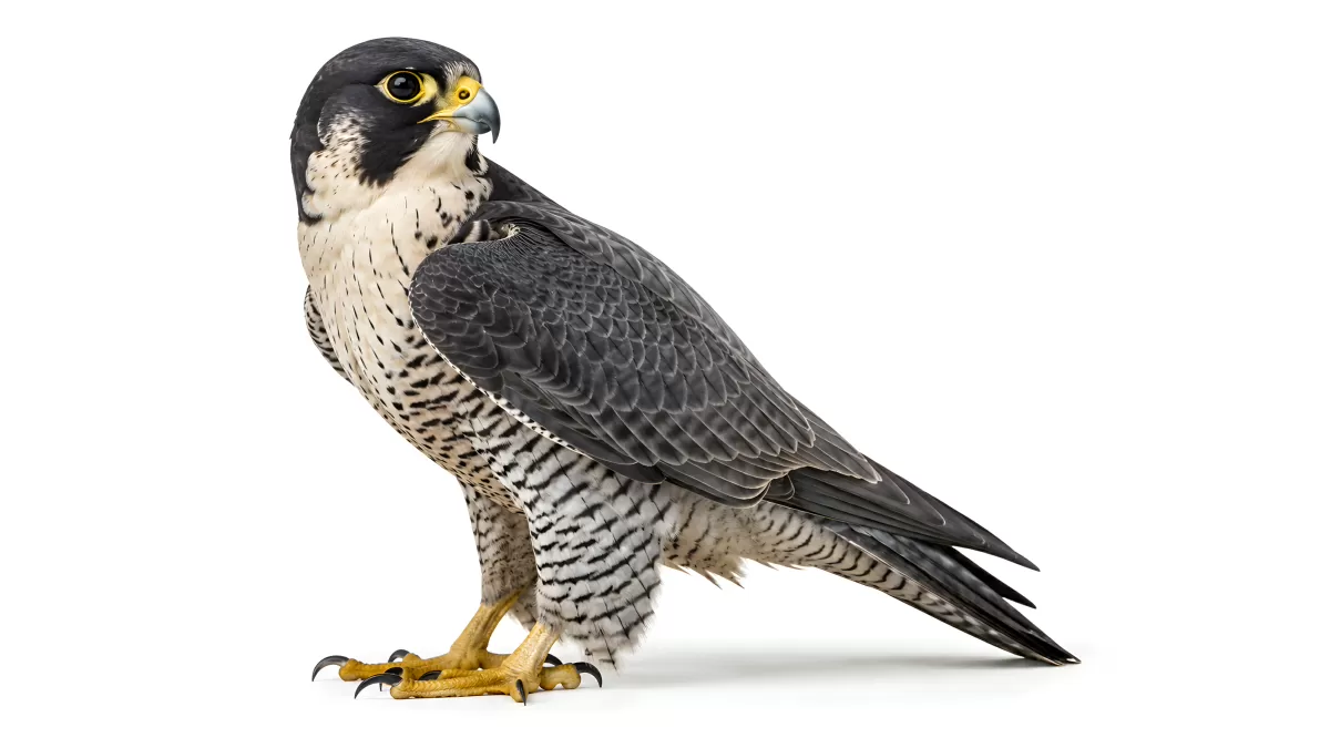 Wanderfalke in Seitenansicht vor weißem Hintergrund