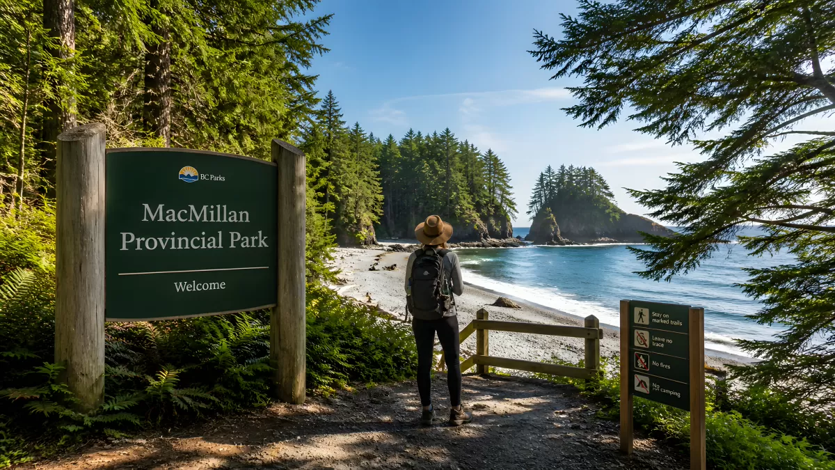 Wanderin am Eingang des MacMillan Provincial Park