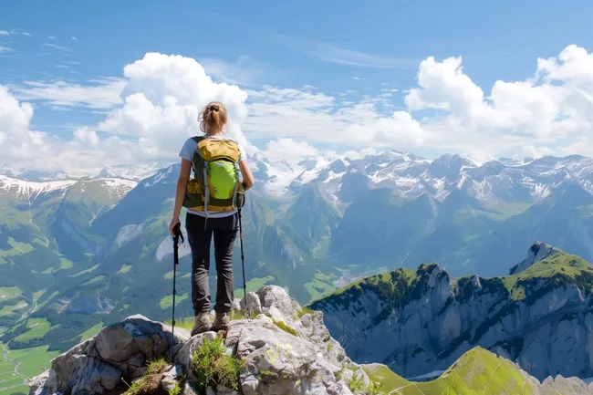 Wanderin auf Berggipfel mit atemberaubendem Alpenpanorama