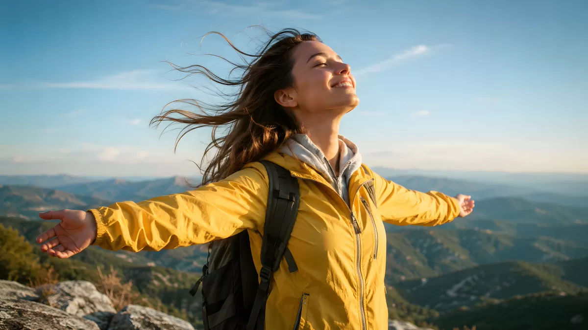 Wanderin auf Berggipfel streckt Arme in den Himmel