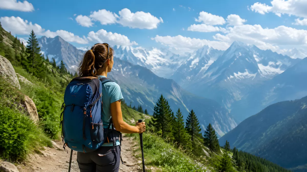 Wanderin blickt auf verschneite Alpengipfel im Sommer — Bild kostenlos herunterladen