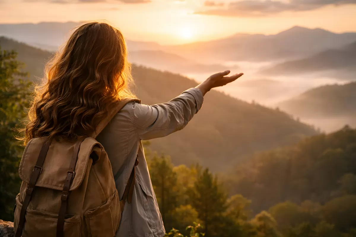 Wanderin blickt bei Sonnenuntergang über Nebelberge