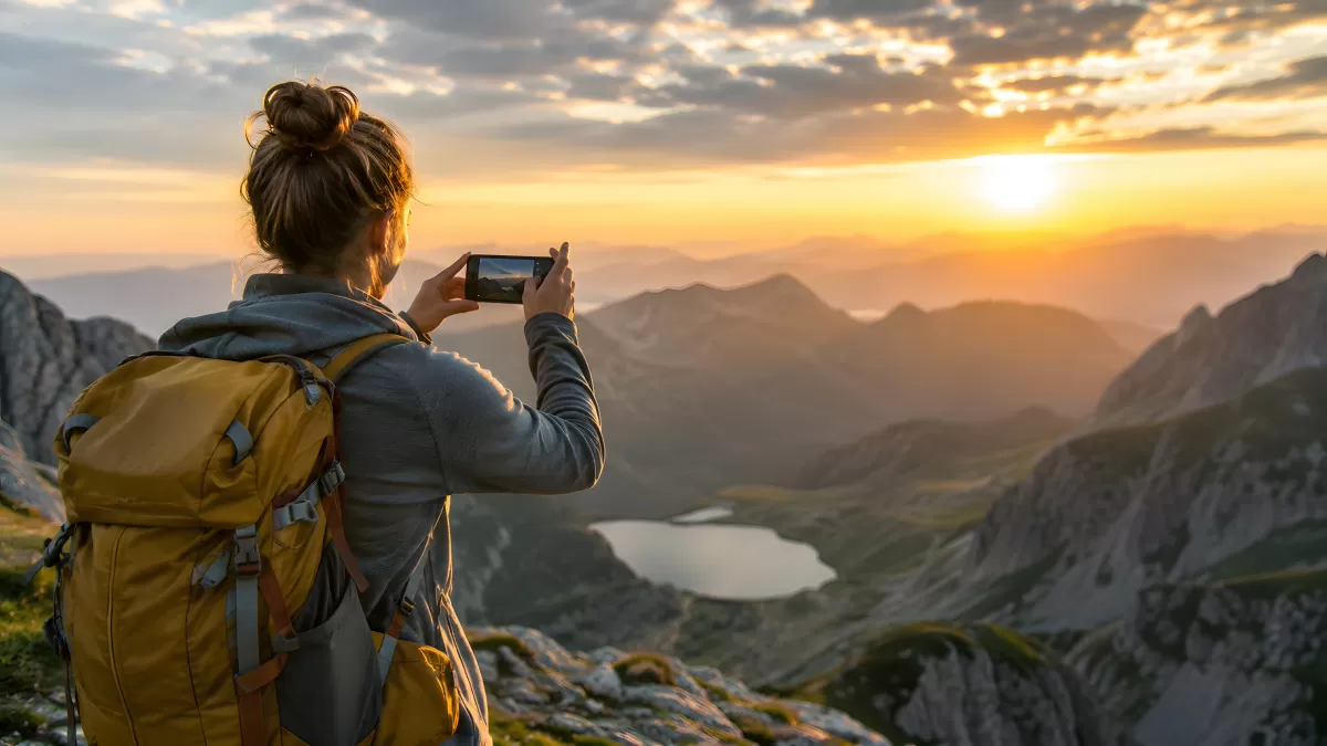 Wanderin fotografiert Sonnenuntergang in den Bergen