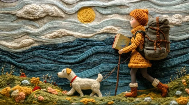 Wanderin mit Rucksack und Hund in bunter Herbstlandschaft