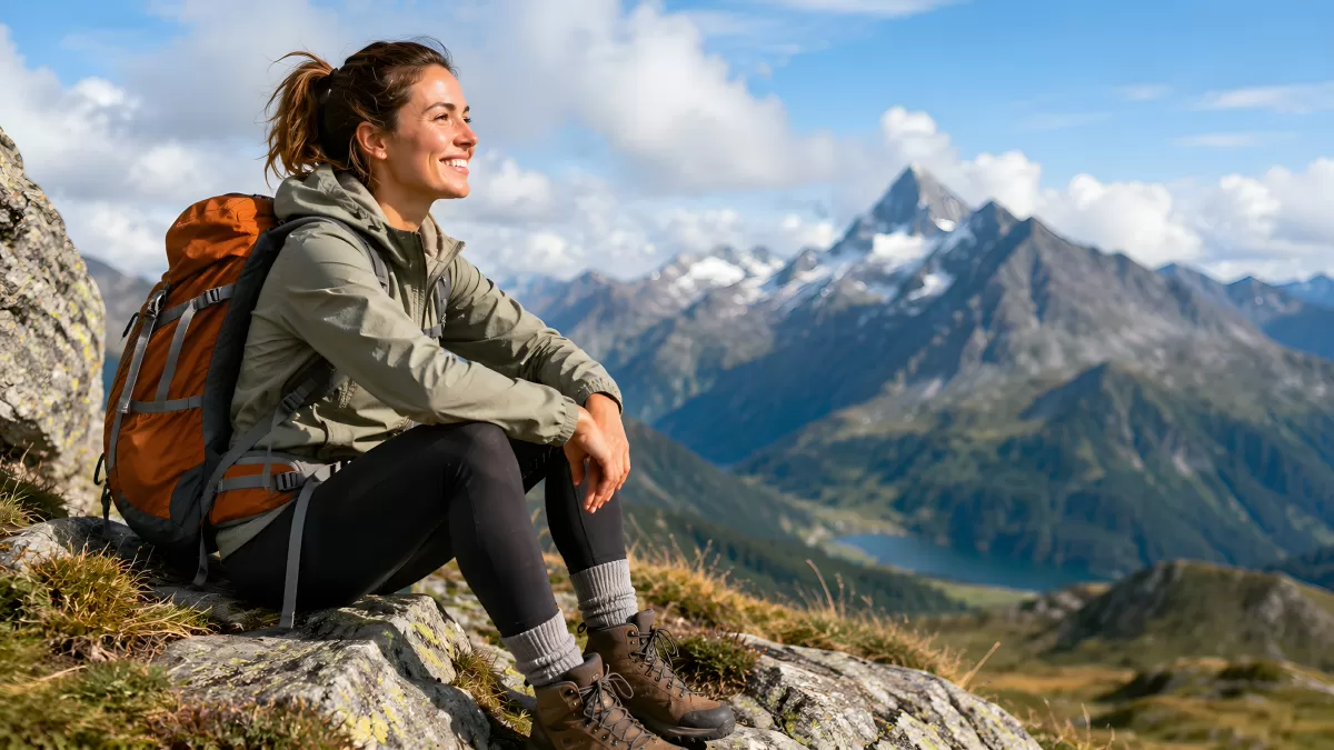 Wanderin rastet auf Berggipfel mit Alpenblick