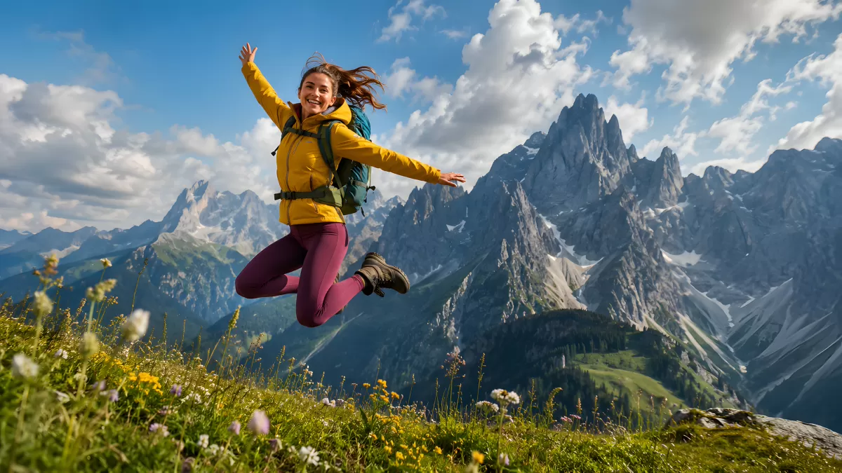 Wanderin springt freudig vor Bergpanorama