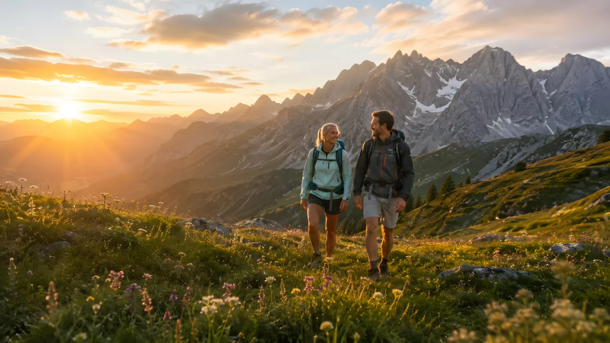 Wanderpaar in den Alpen bei goldenem Sonnenuntergang