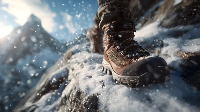 Wanderschuh auf verschneiter Berglandschaft