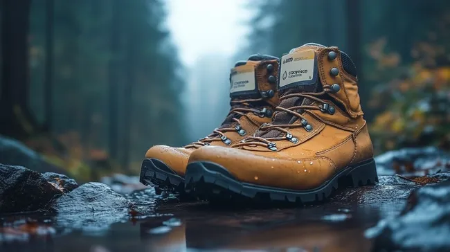 Wanderschuhe auf feuchtem Waldboden nach Regenschauer