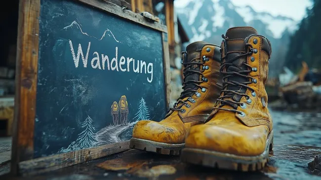 Wanderschuhe in Berglandschaft mit Tafelbeschriftung