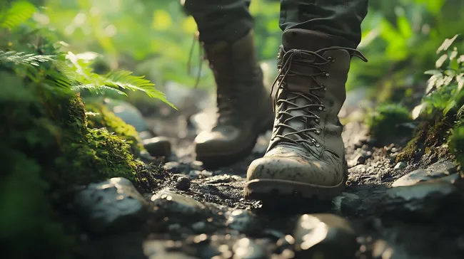 Wanderstiefel auf Moosbedecktem Waldweg