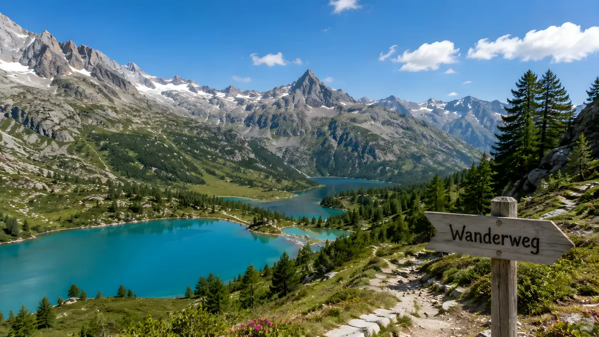 Wanderweg an türkisem Bergsee in den Alpen